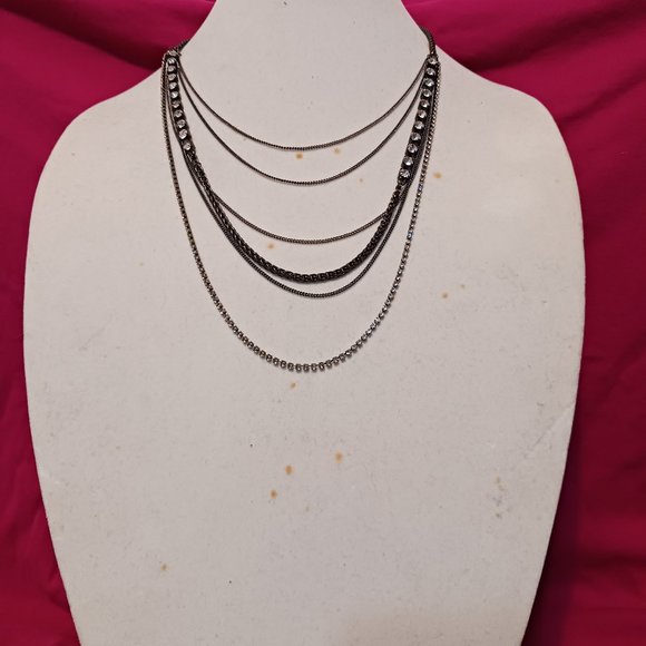 Hand Crafted Gun Metal Chain and Rhinestone Multi Layer Necklace - Picture 3 of 11